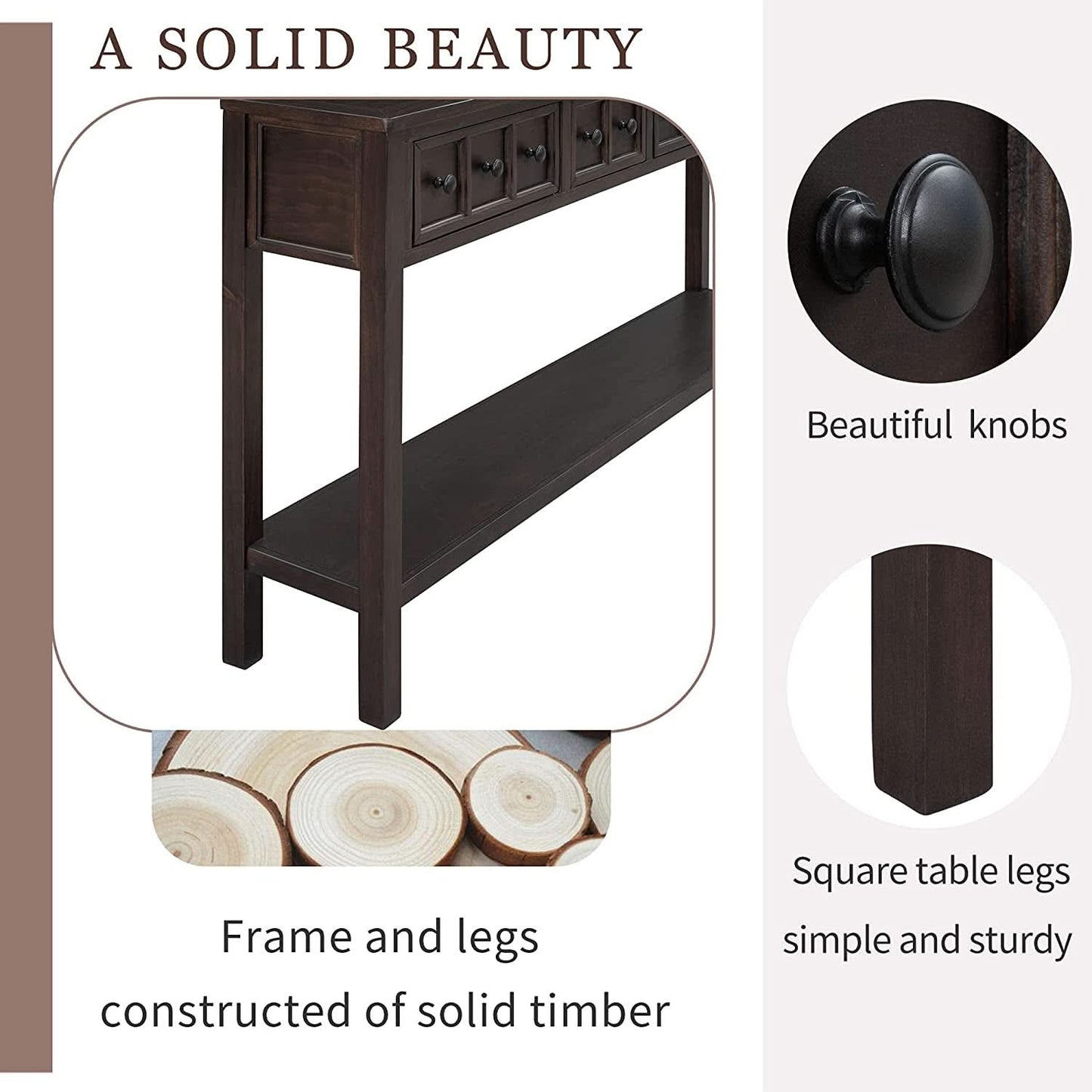 Rustic 60 Inch Console Table With Drawers And Shelf