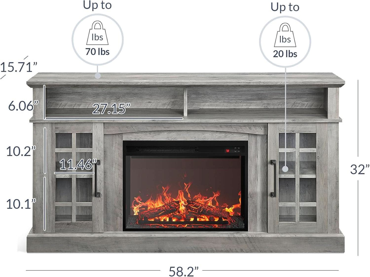 58 Inch Rustic TV Stand With Electric Fireplace And Storage