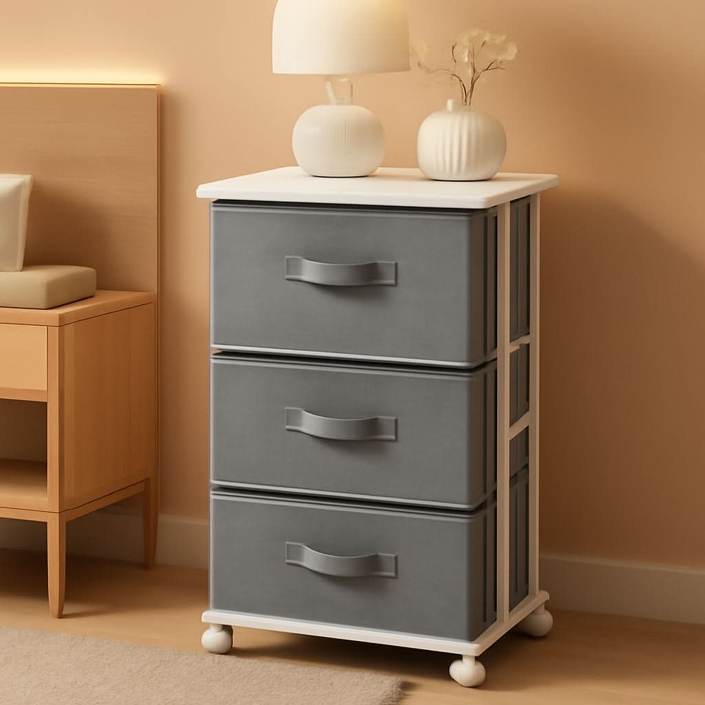 Dresser Tower 3 Drawer Dark Grey With Wood Top And Wheels