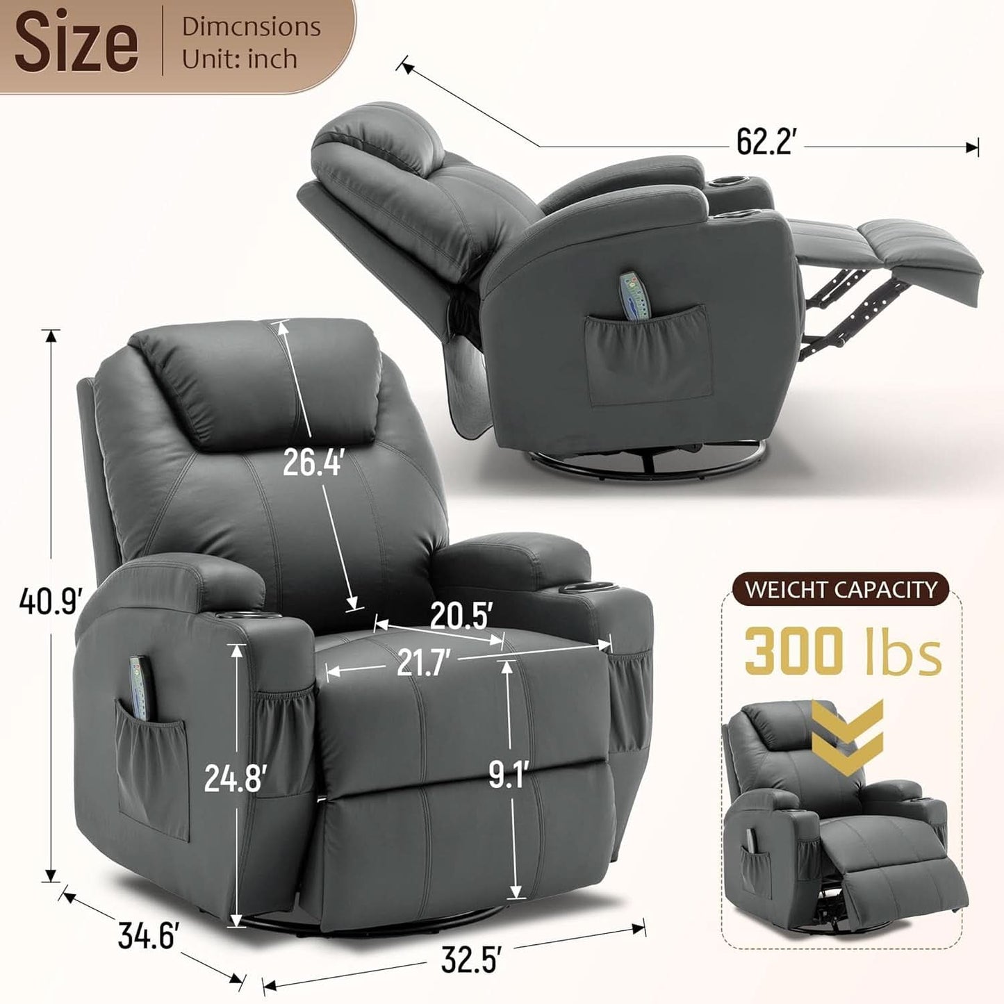 360 Degree Swivel Recliner Chair With Massage And Heat