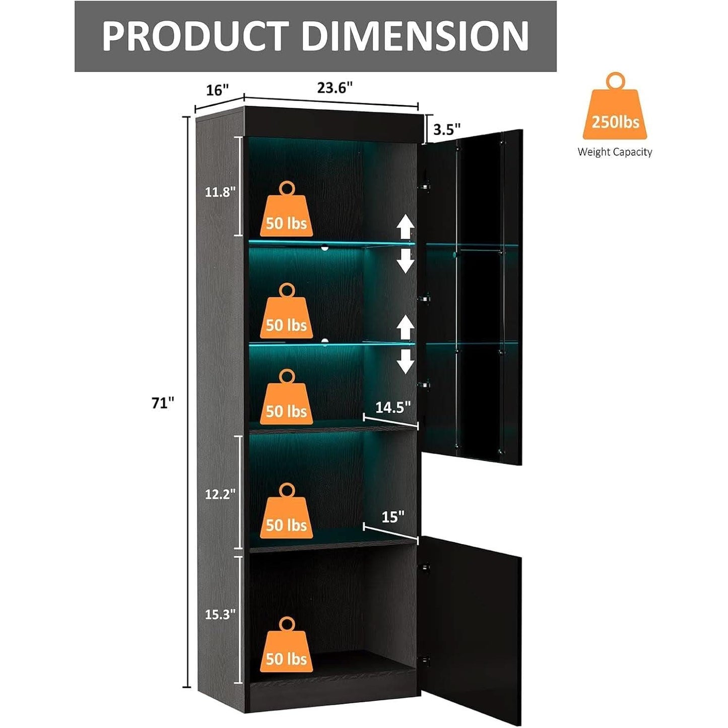Two Piece 71 Inch Tall Bookcase Storage Cabinet With Glass Doors Set Of Two For Living Room And Office