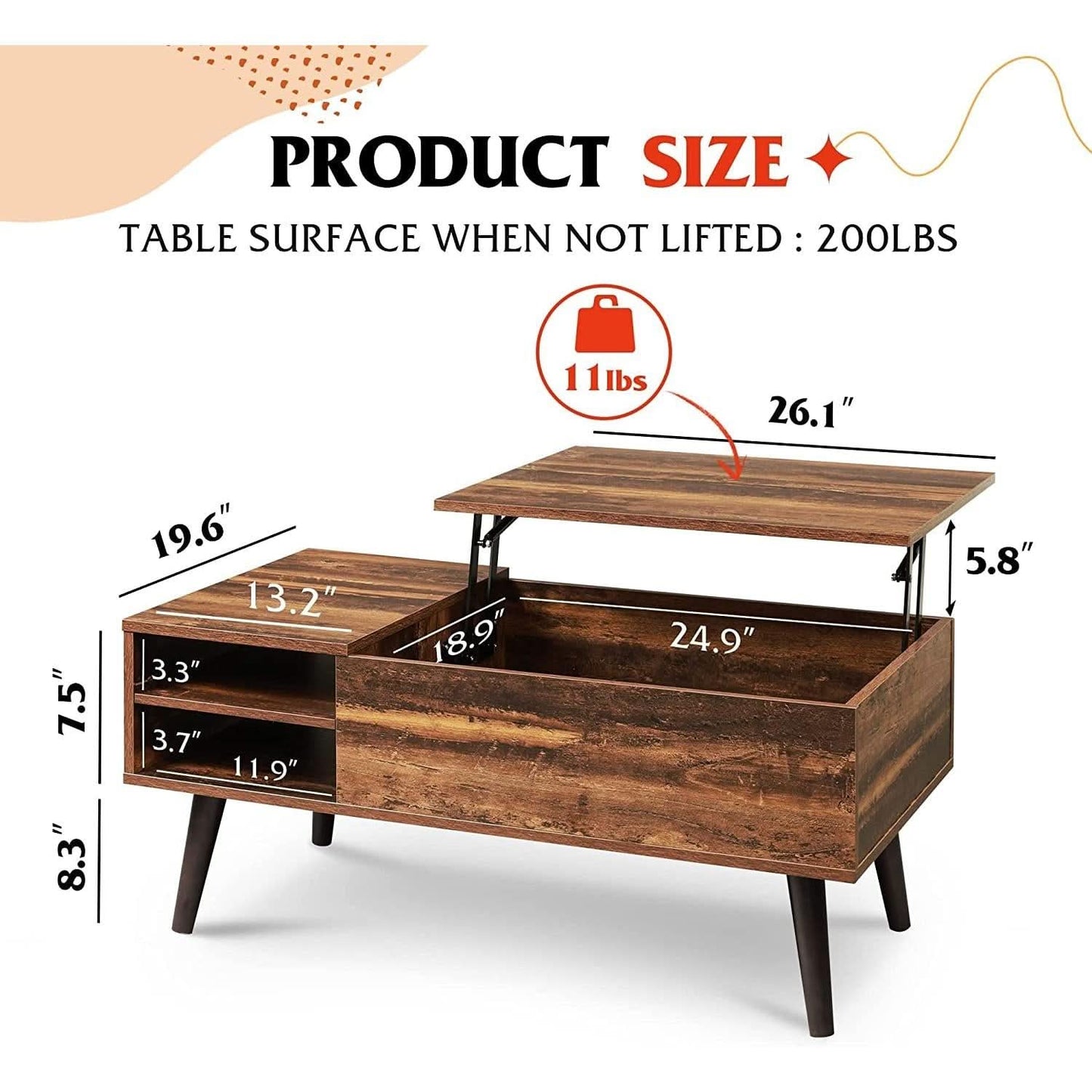 Rustic Brown Lift Top Coffee Table With Built In Storage