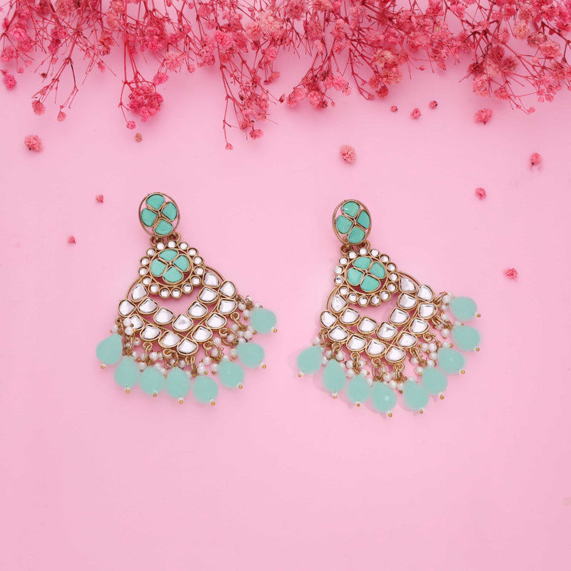 Tehzeeb Creations Gold Polish Kundan Sea Green Colour Earrings