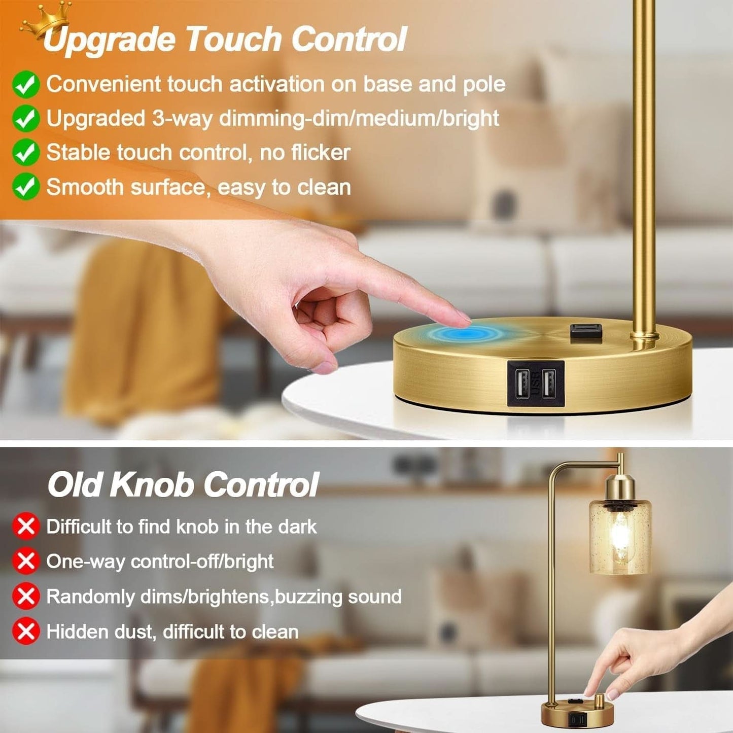 Industrial Touch Table Lamps Set Of 2 With USB Ports And AC Outlet Brass