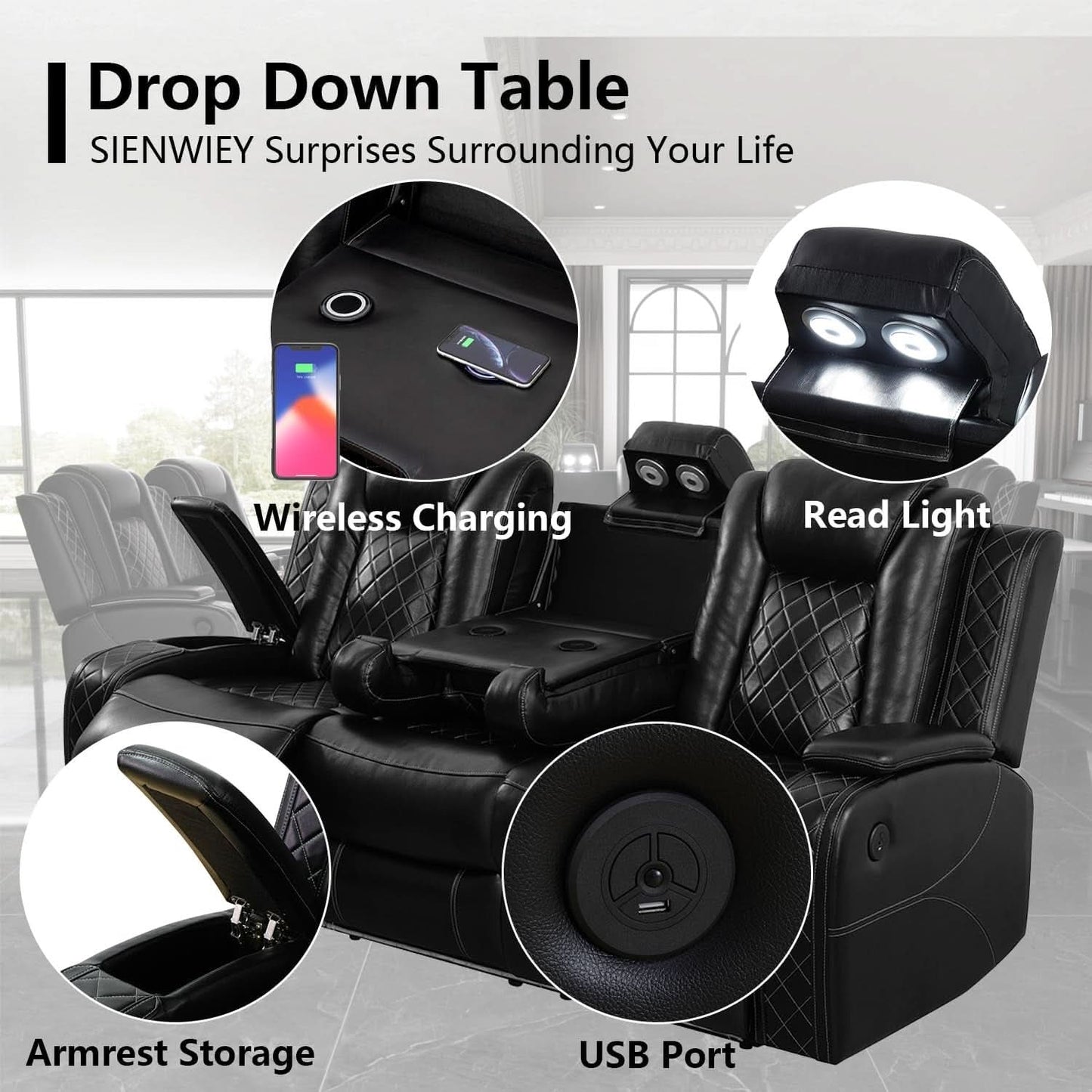 Black Leather Reclining Sofa Set With LED Light Living Room