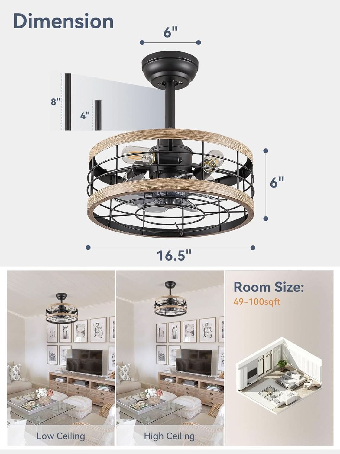 16.5 Inch Rustic Brown Caged Ceiling Fan With Light