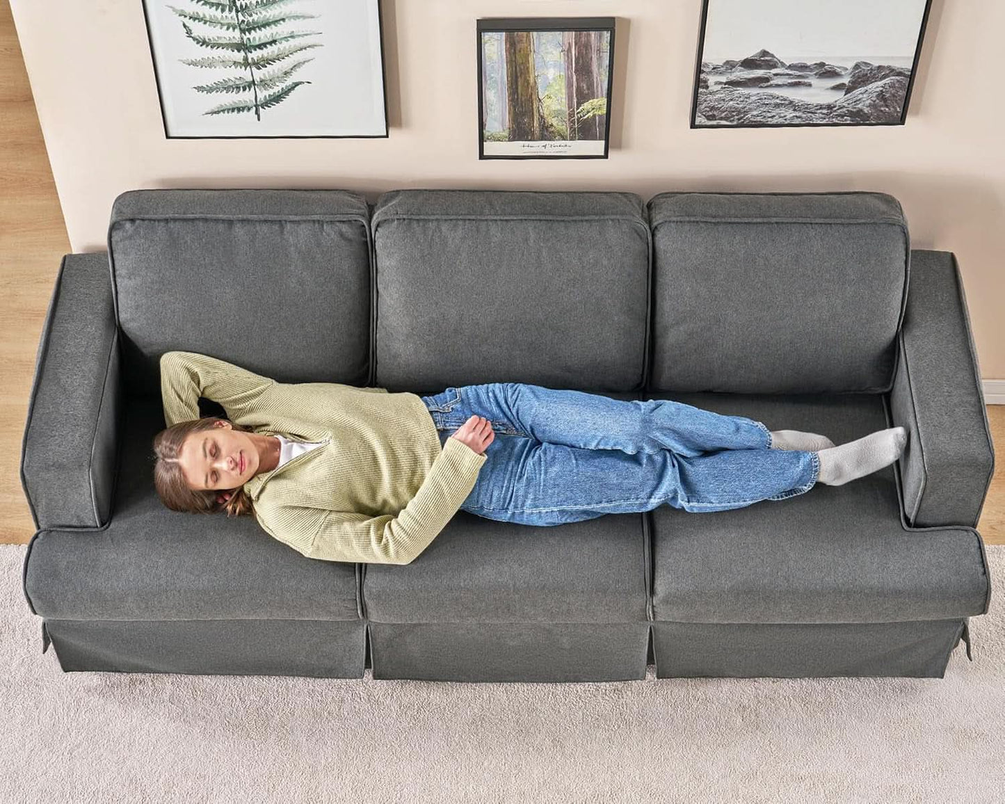 89 Inch Slipcovered Linen Grey Sofa 3 Seater Couch
