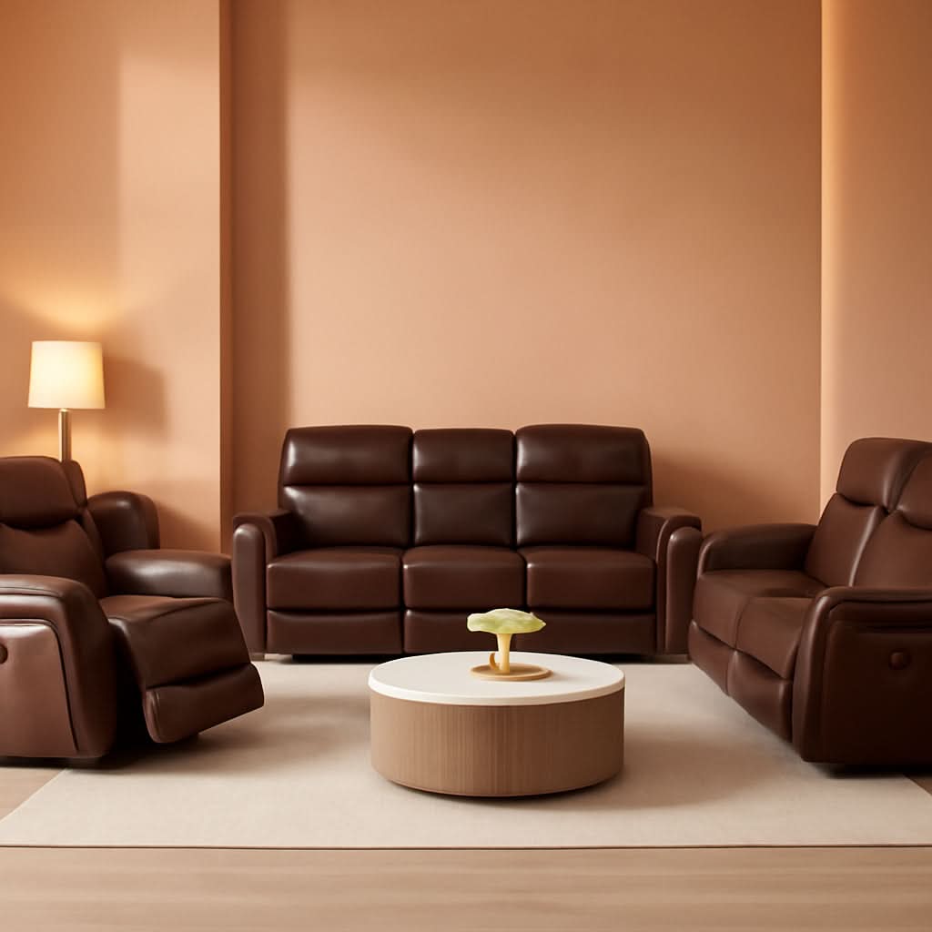 Power Recliner Sofa Set With LED Leather 3 Piece Brown Living Room
