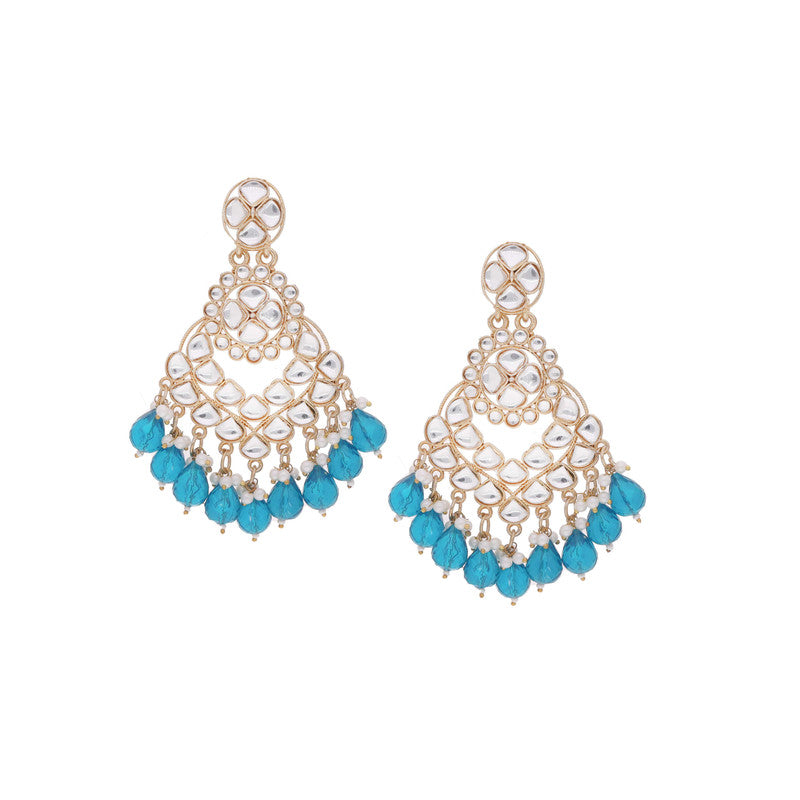 Tehzeeb Creations Gold Polish Kundan Sky Blue Colour Earrings