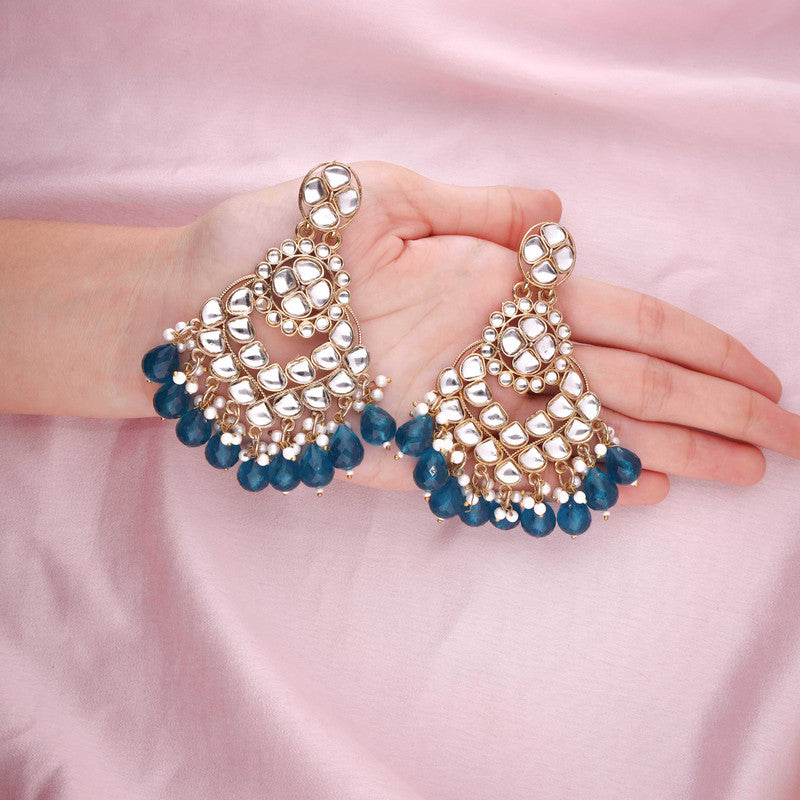 Tehzeeb Creations Gold Polish Kundan Sky Blue Colour Earrings