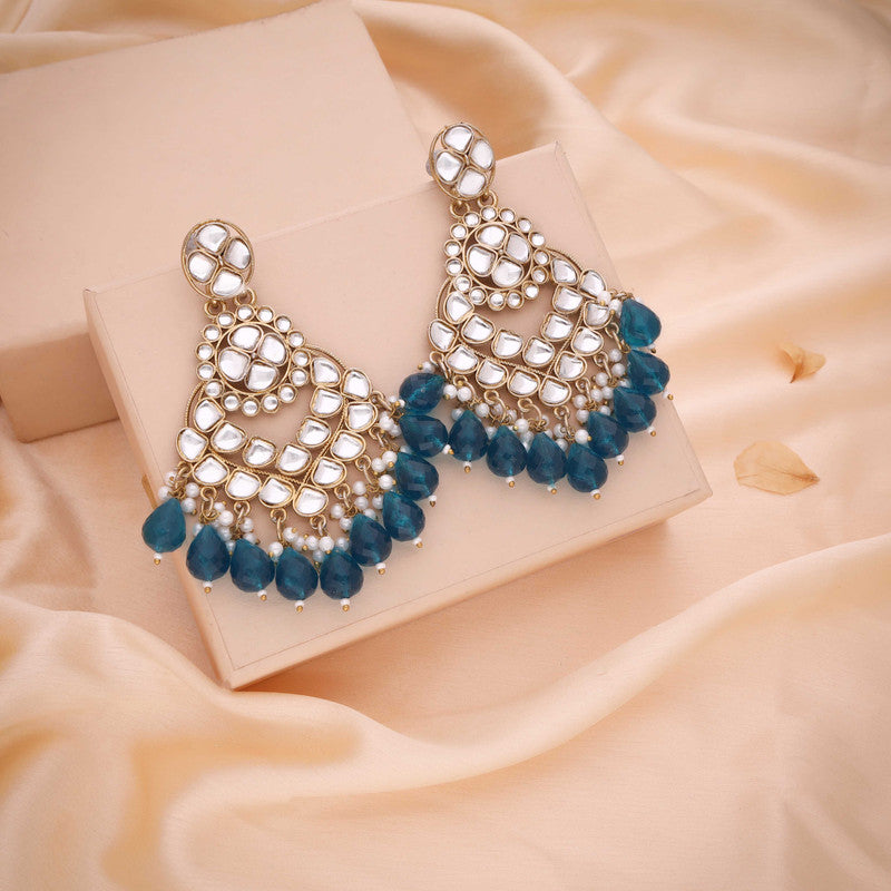 Tehzeeb Creations Gold Polish Kundan Sky Blue Colour Earrings