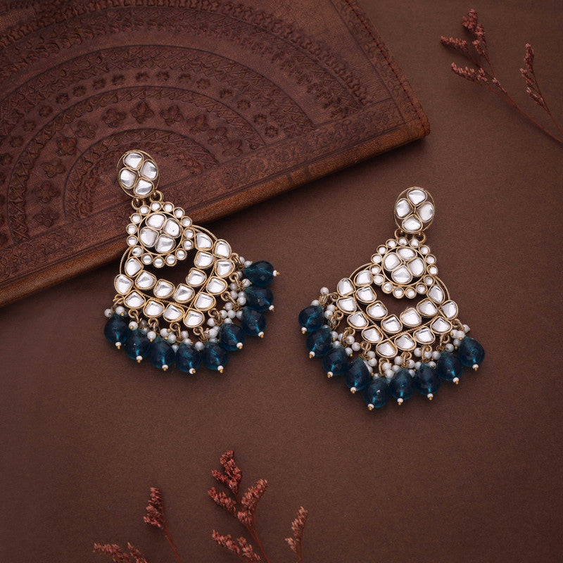 Tehzeeb Creations Gold Polish Kundan Sky Blue Colour Earrings