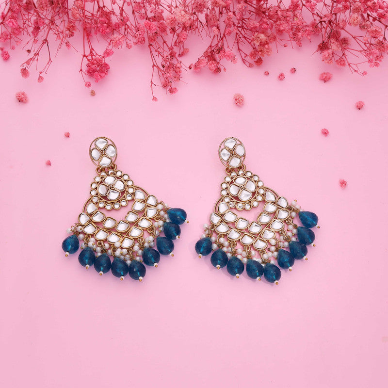 Tehzeeb Creations Gold Polish Kundan Sky Blue Colour Earrings