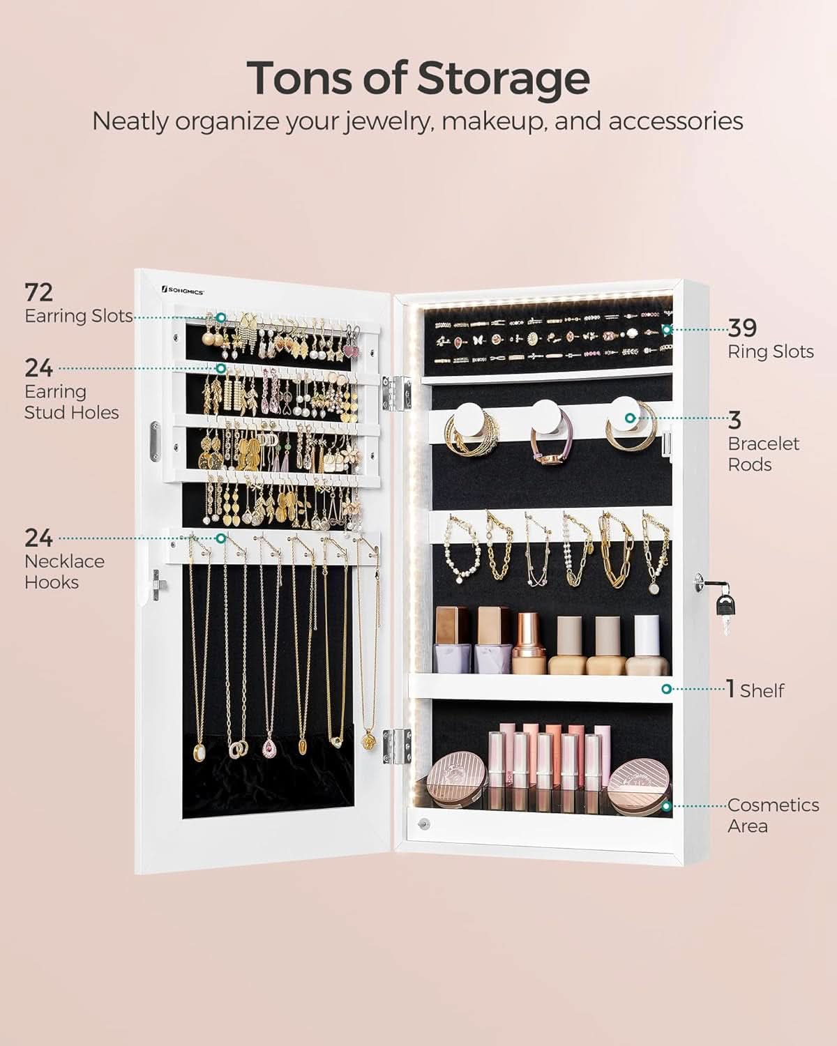 Mirror Jewelry Cabinet Armoire With LED Lights White