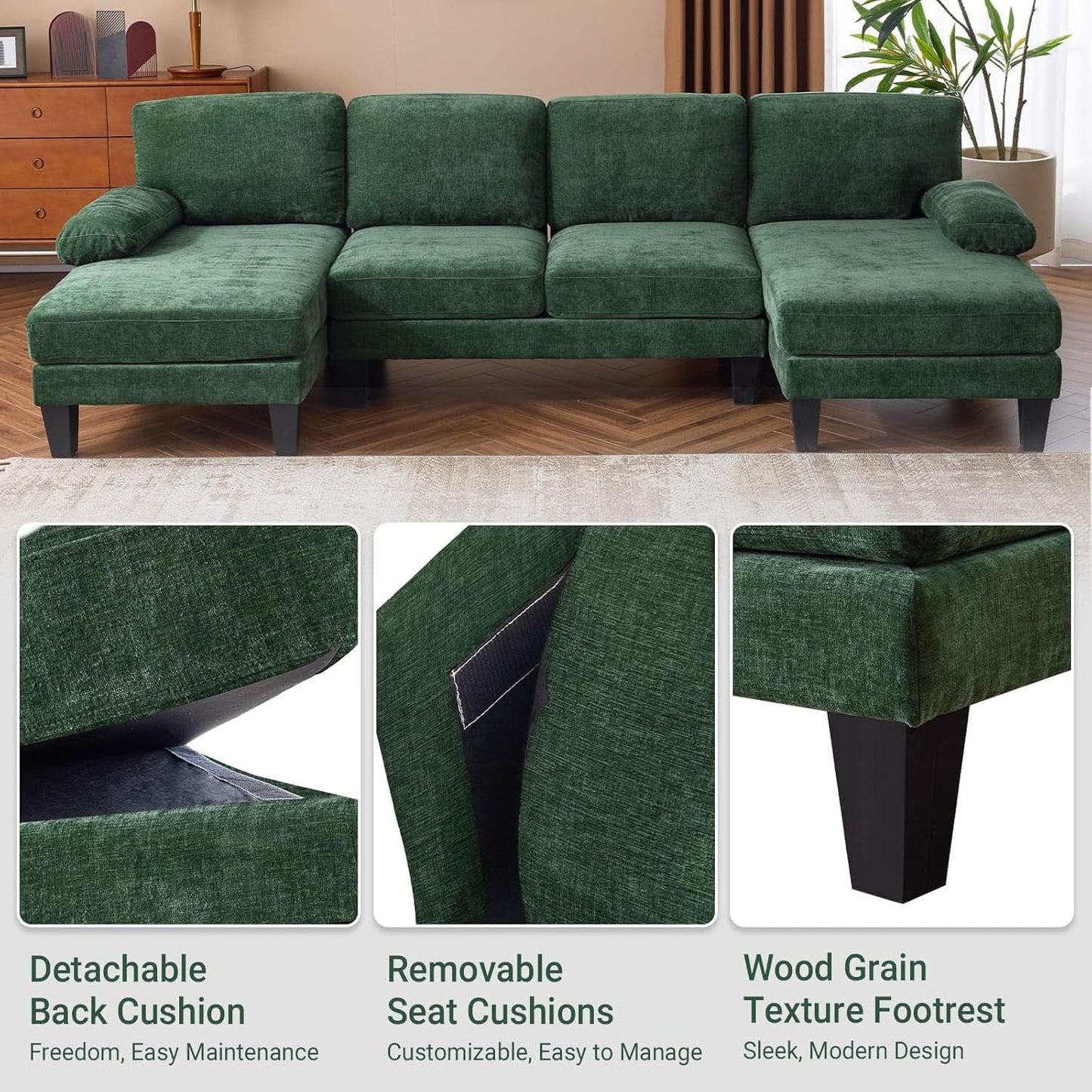 Forest Green 110 Inch U Shape Sectional Couch Double Chaise