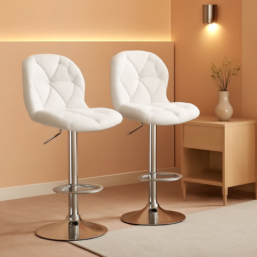 Pair Of White PU Leather Height Adjustable Bar Stools