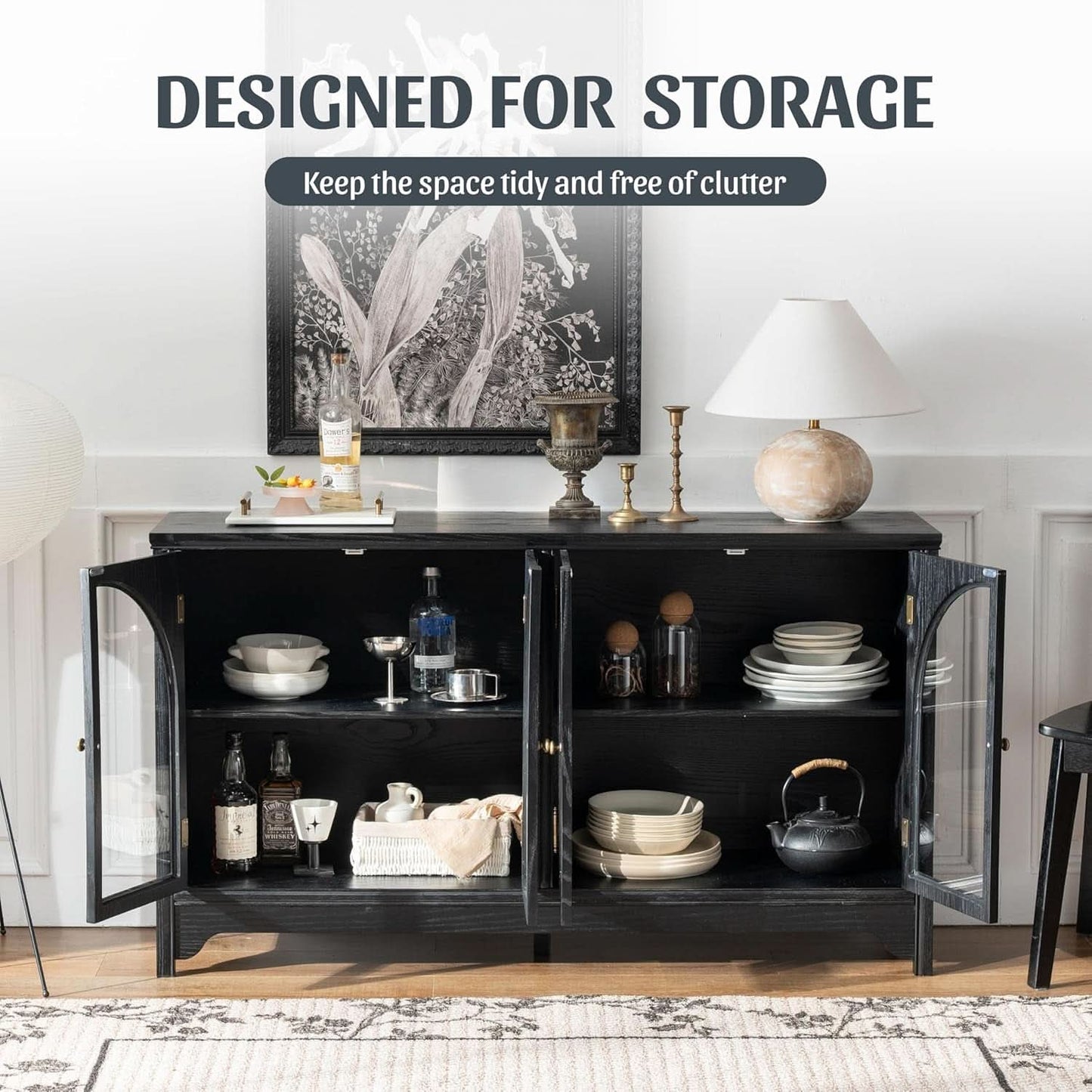 55 Inch Solid Wood Buffet Cabinet Farmhouse Sideboard Black