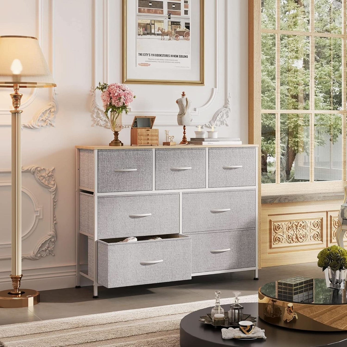 Light Grey Dresser TV Stand 45 Inch TV With Fabric Drawers