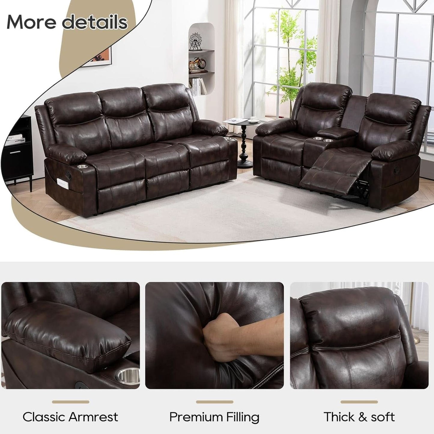 Brown Recliner Sofa Set With Massage And Heat 2 Piece