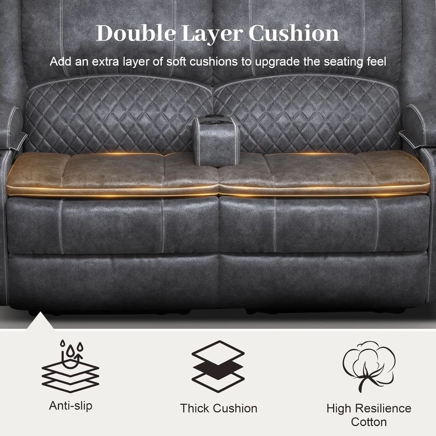 Gray Velvet Manual Recliner Loveseat With USB Ports