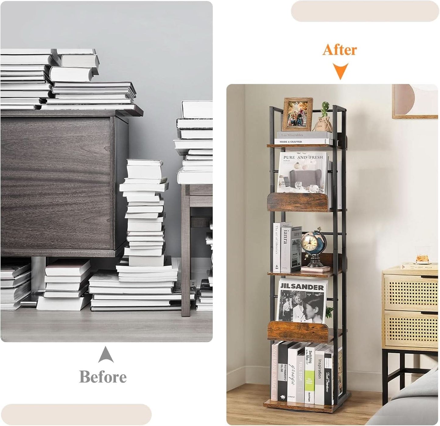Black 5-Shelf 360 Degree Rotating Corner Bookshelf Tower