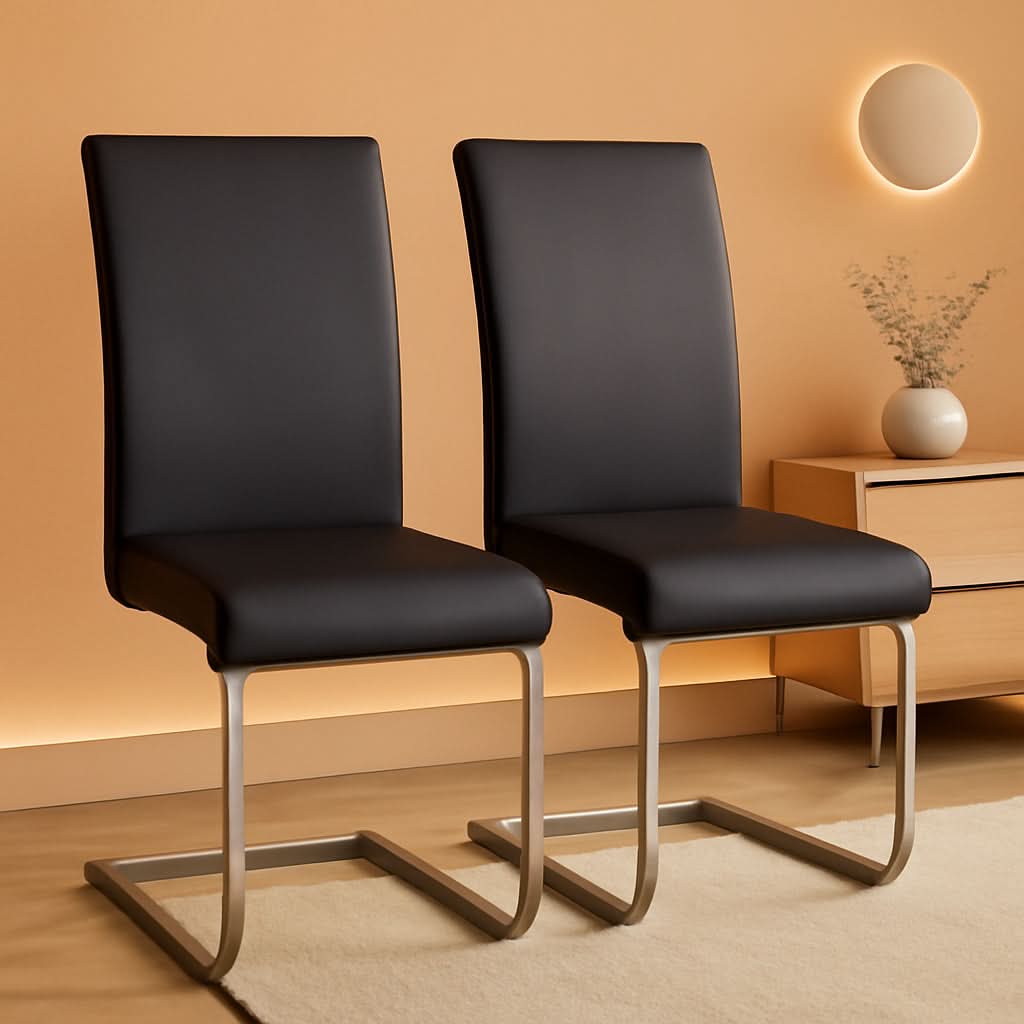 Leather Upholstered Dining Chairs Set Of 2 With Metal Legs Black