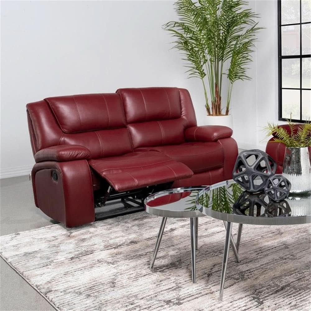 Red Faux Leather Reclining Loveseat With Manual Recline