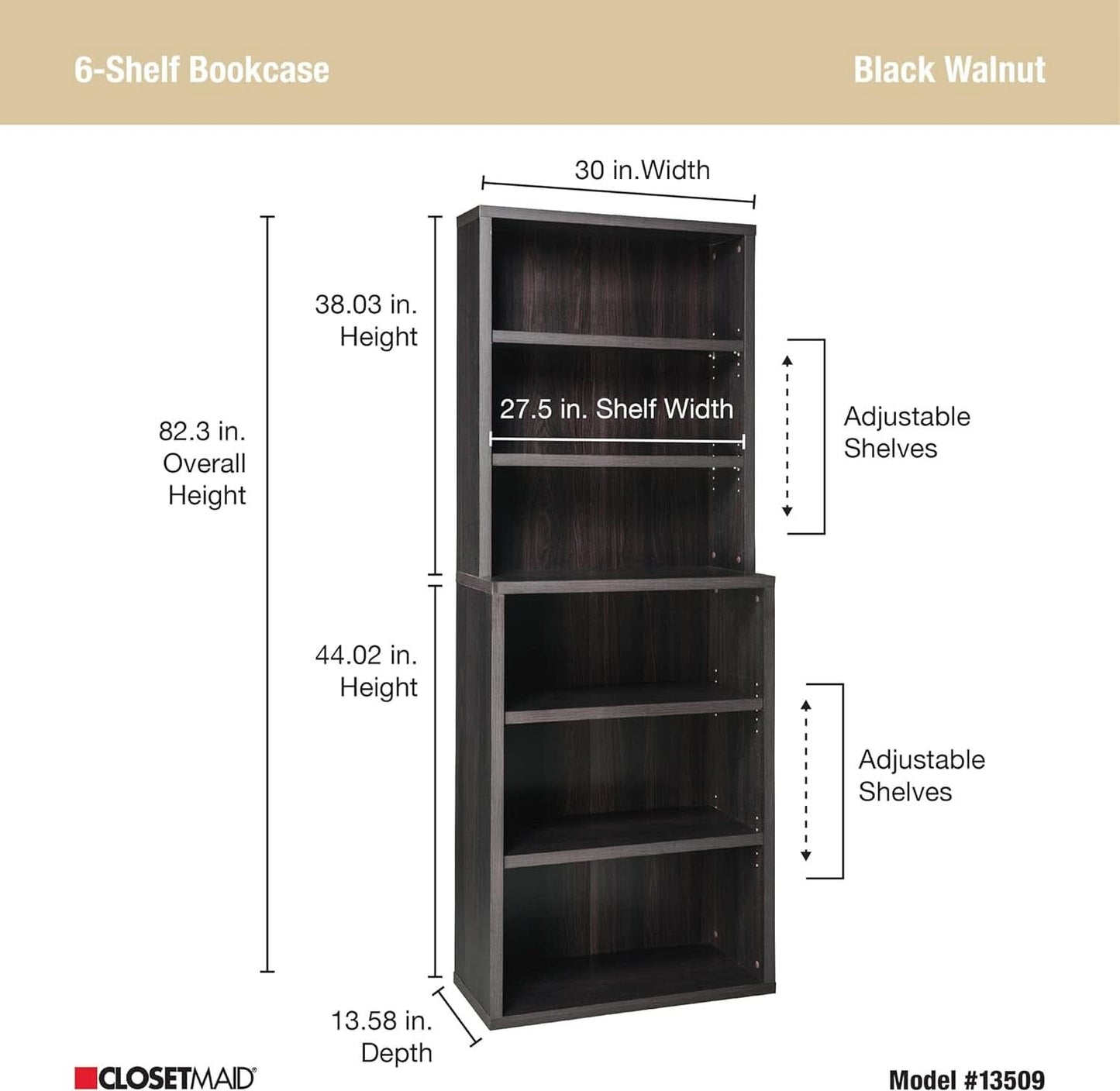 Tall Bookshelf Black Walnut Finish With Adjustable Shelves
