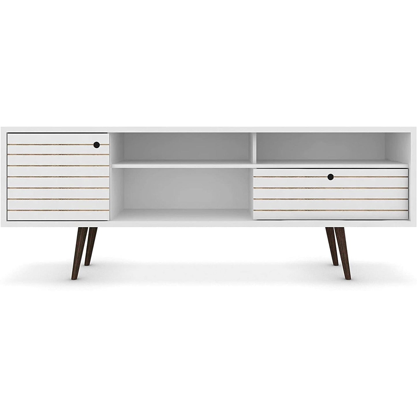 Mid Century TV Stand Solid Wood With Shelves And Cabinet
