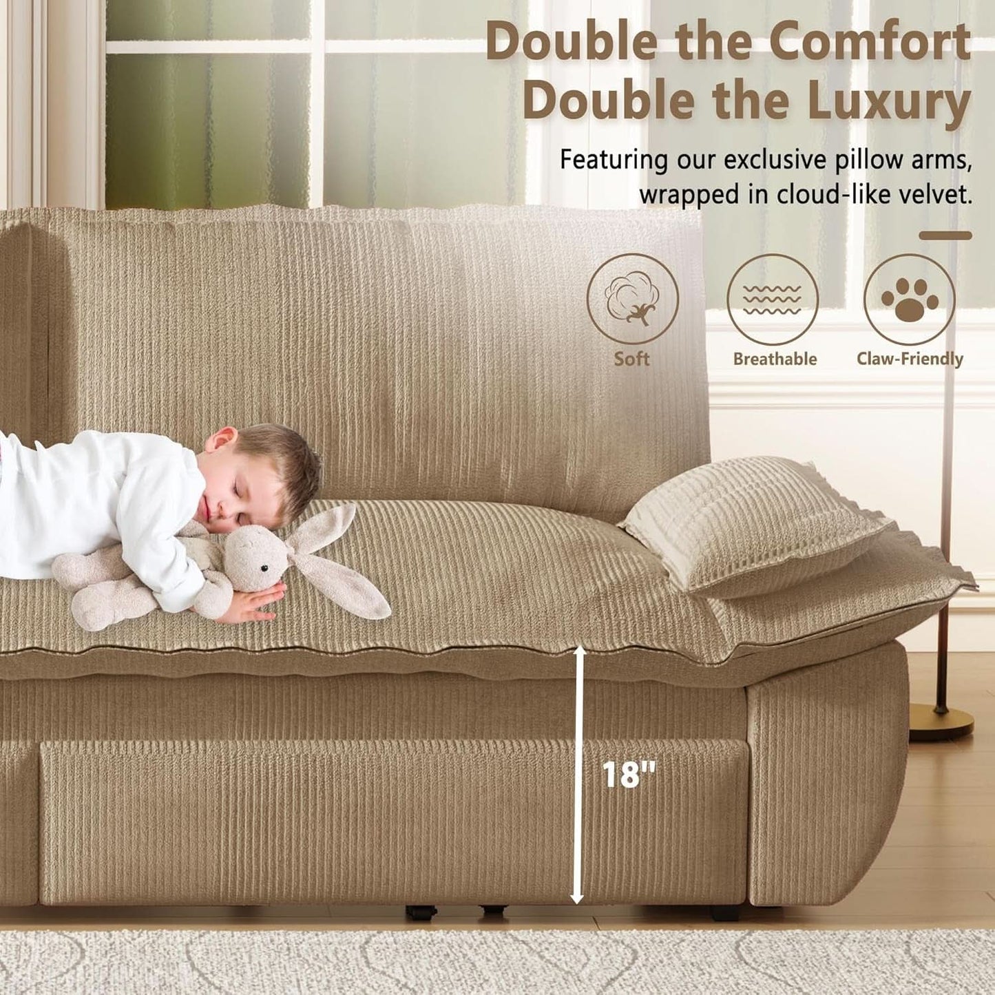Queen Size Premium Convertible Sofabed Camel Corduroy