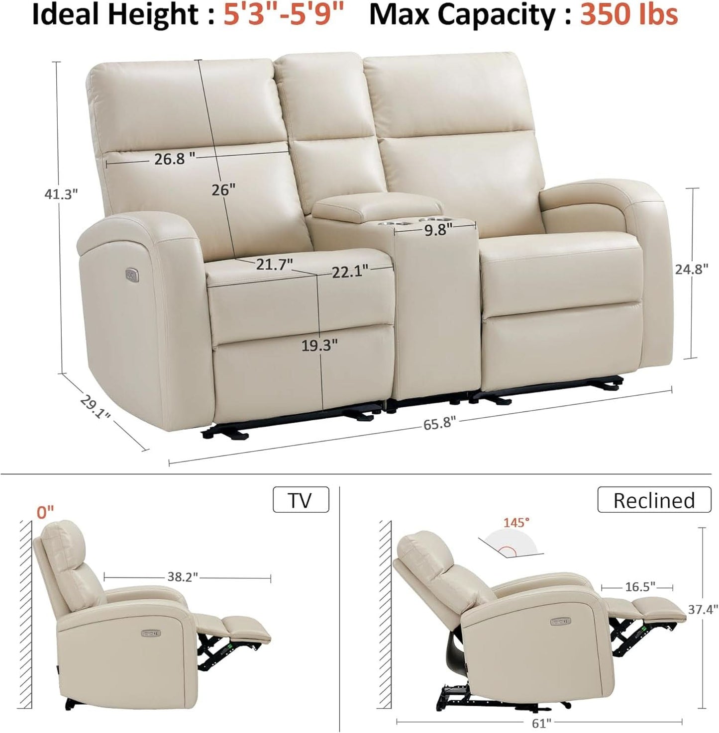 65.7 Inch Wall Hugger Recliner Loveseat Beige USB C