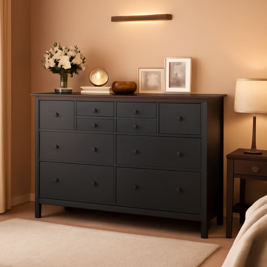 Ten Drawer Premium Hardwood Dresser Walnut Finishing