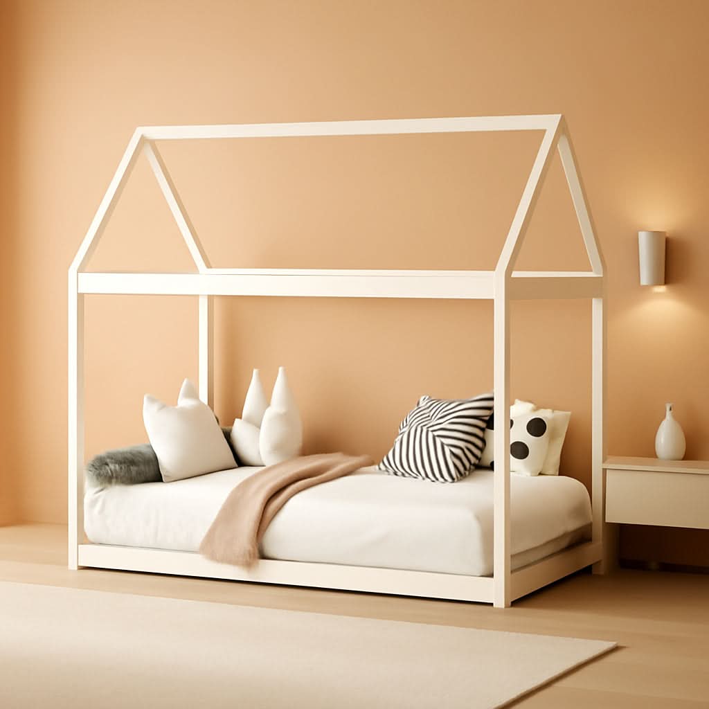 Twin House Bed Frame With Roof Canopy Montessori For Kids