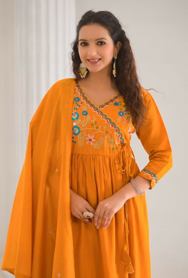 Ethnic Festive Wear Viscose Chanderi orange Stitched Suit With Dupatta - Tanisha