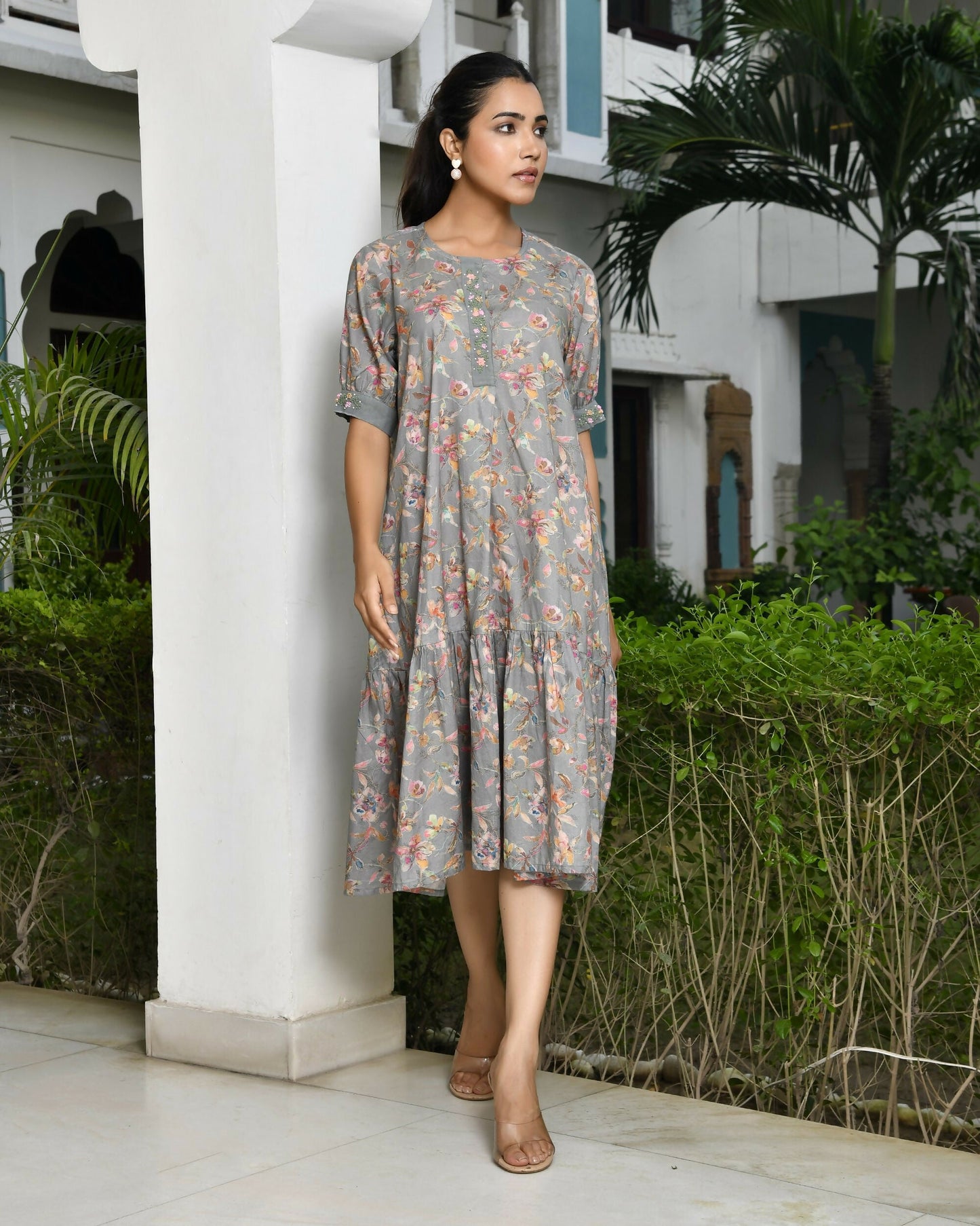 Vaasva Women's Grey Cotton Digital Printed Embroidered Placket Dress