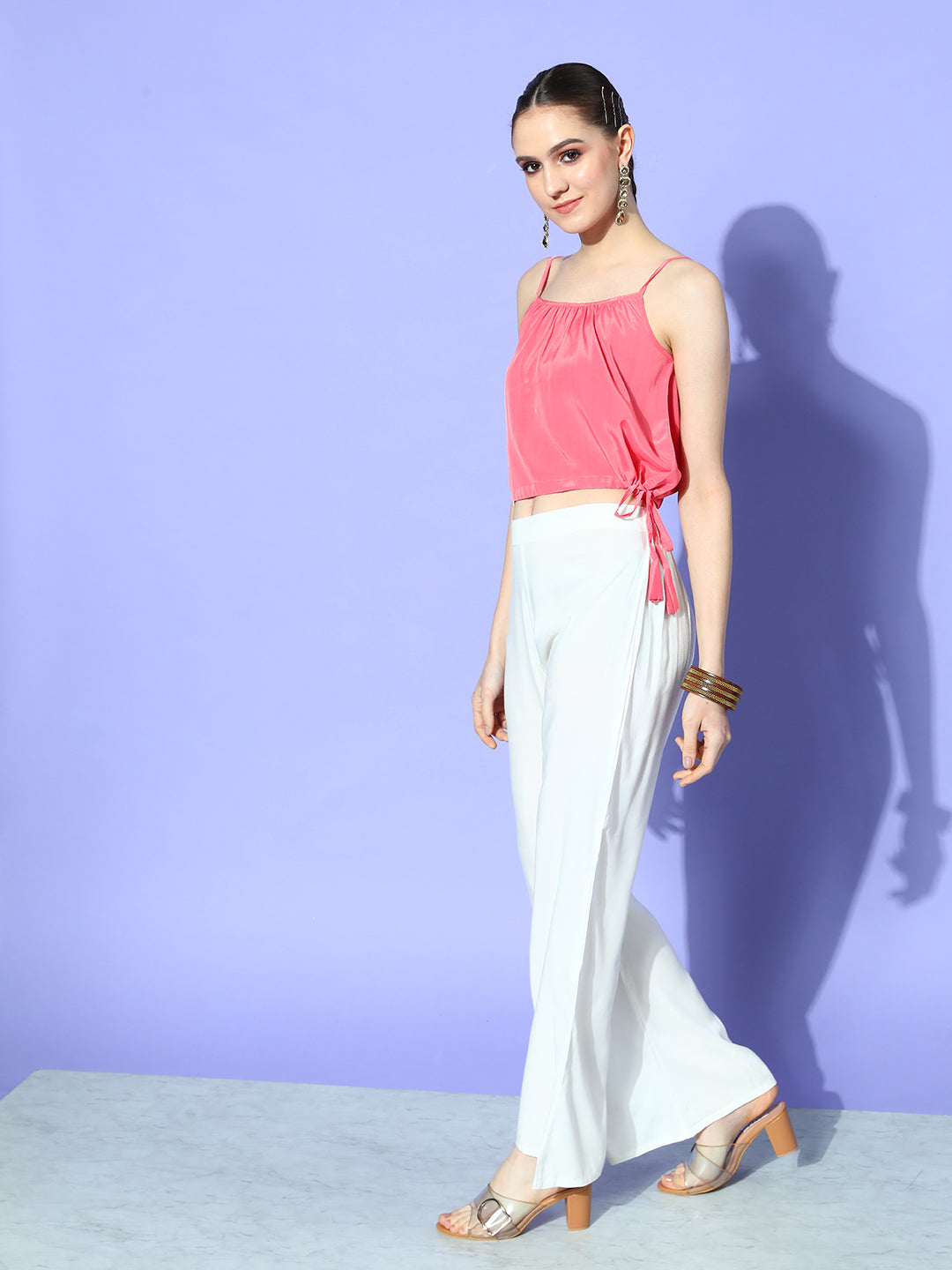 InWeave Women's Camel Brown Cream Pant Coord Set With Peach Crop Top