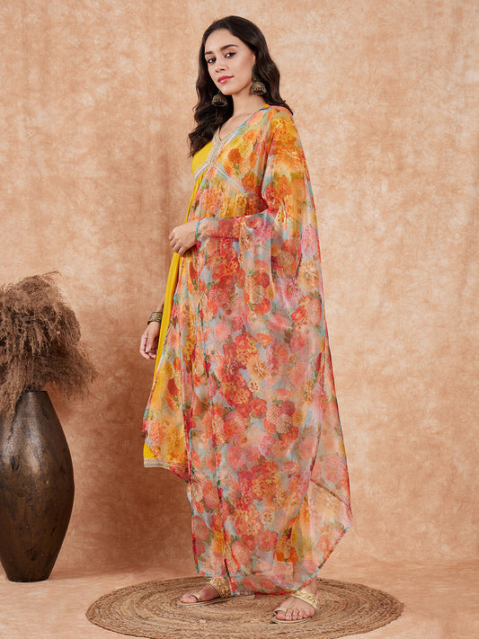 InWeave Women's Mustard Alia Neck Style Gota Set W Organza Dupatta