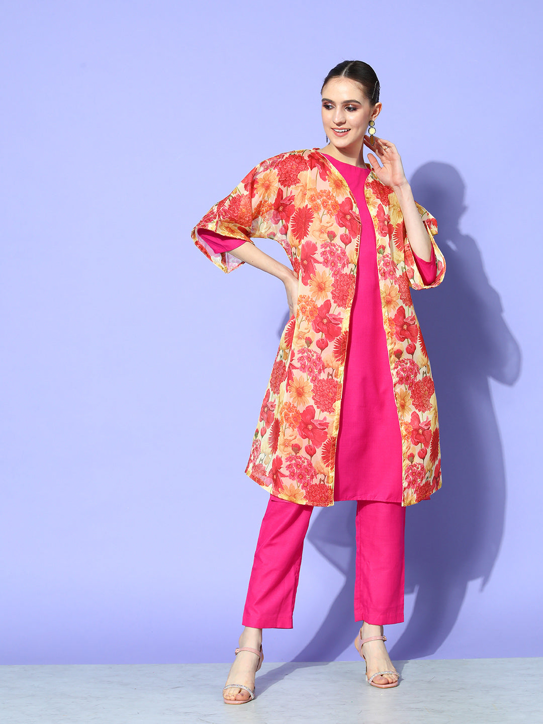 InWeave Women's Red Mustard Chintz Long Organza Cape