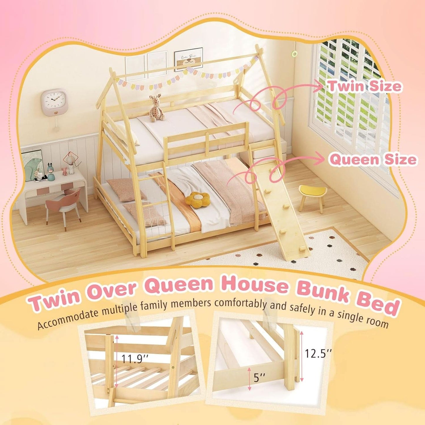 Twin Over Queen Bunk Bed With Climbing Nets Ramp Natural