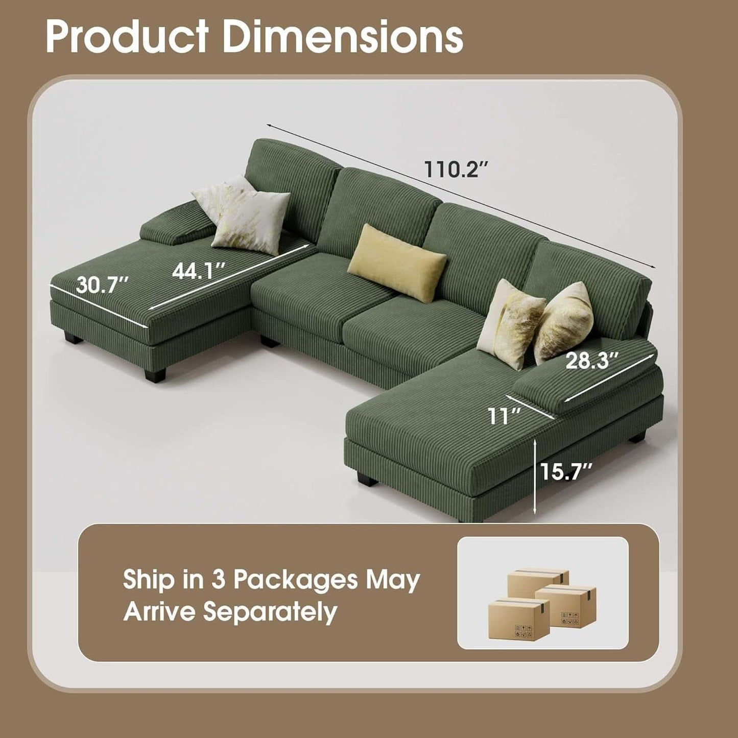 Dark Green Corduroy U Shaped Sectional Sofa 4 Seat Chaise