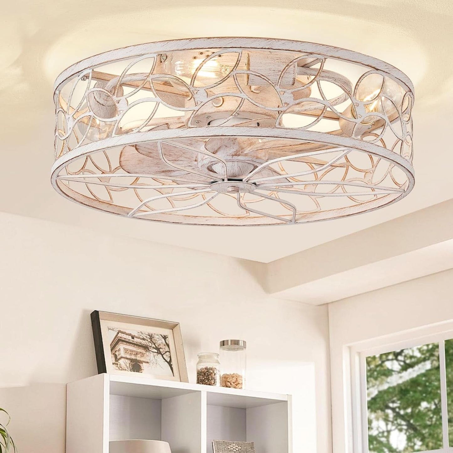 White And Gold Caged Ceiling Fan With Remote Light Fixture