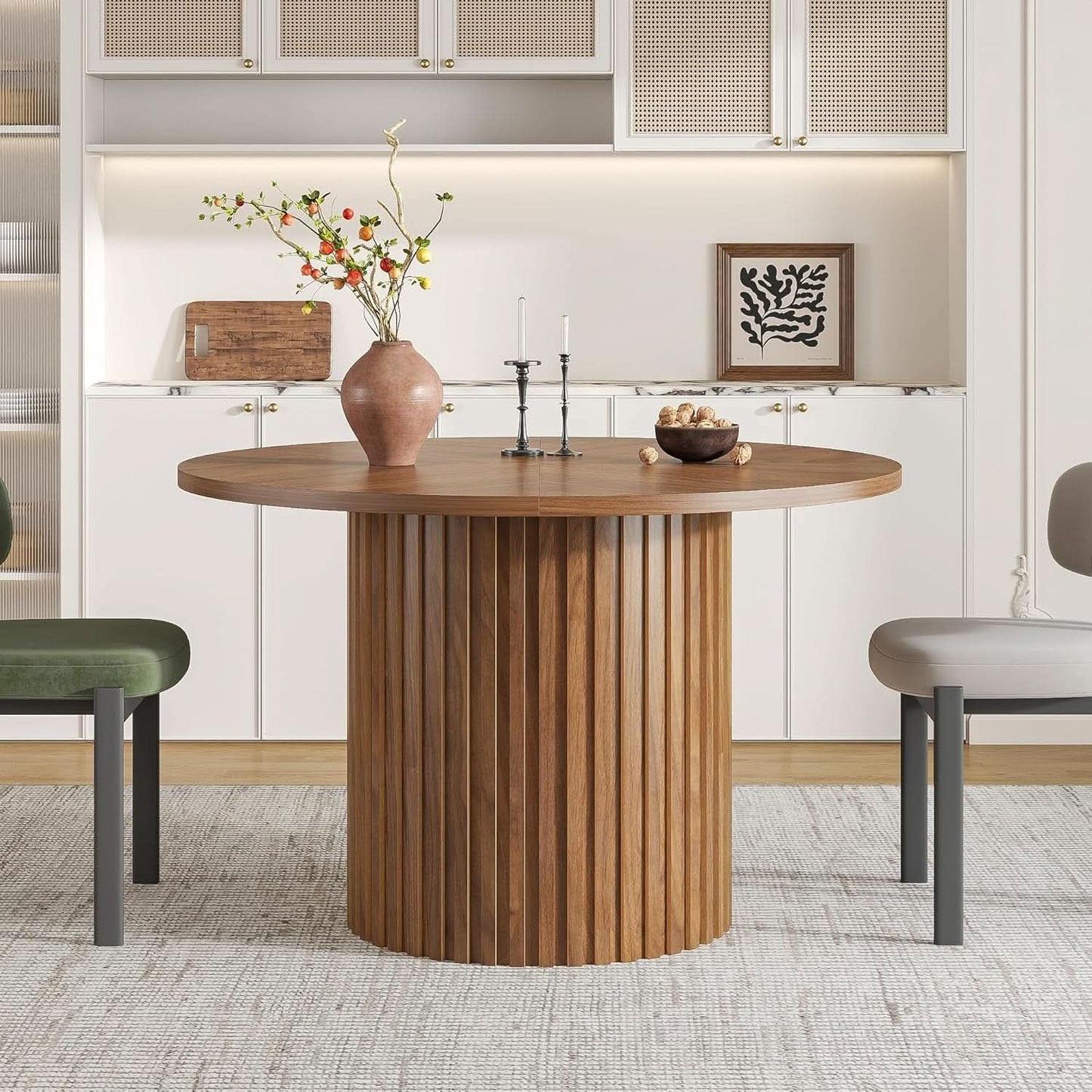 Round Walnut Dining Table 47 Inch With Wood Strip Base