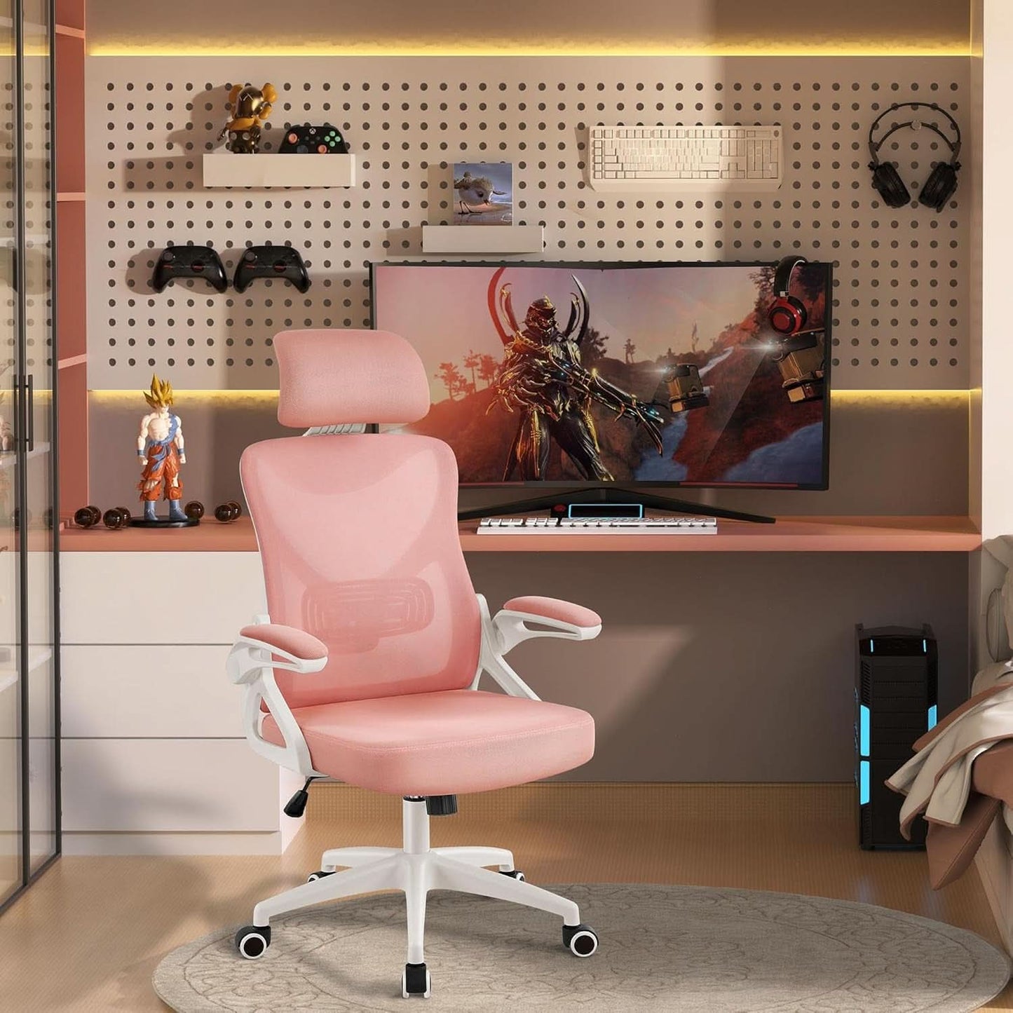 Ergonomic Office Chair High Back Mesh White Pink Lumbar