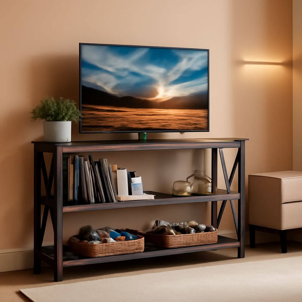 Rustic 47 Inch 3 Tier Sofa Console Table With Open Shelves