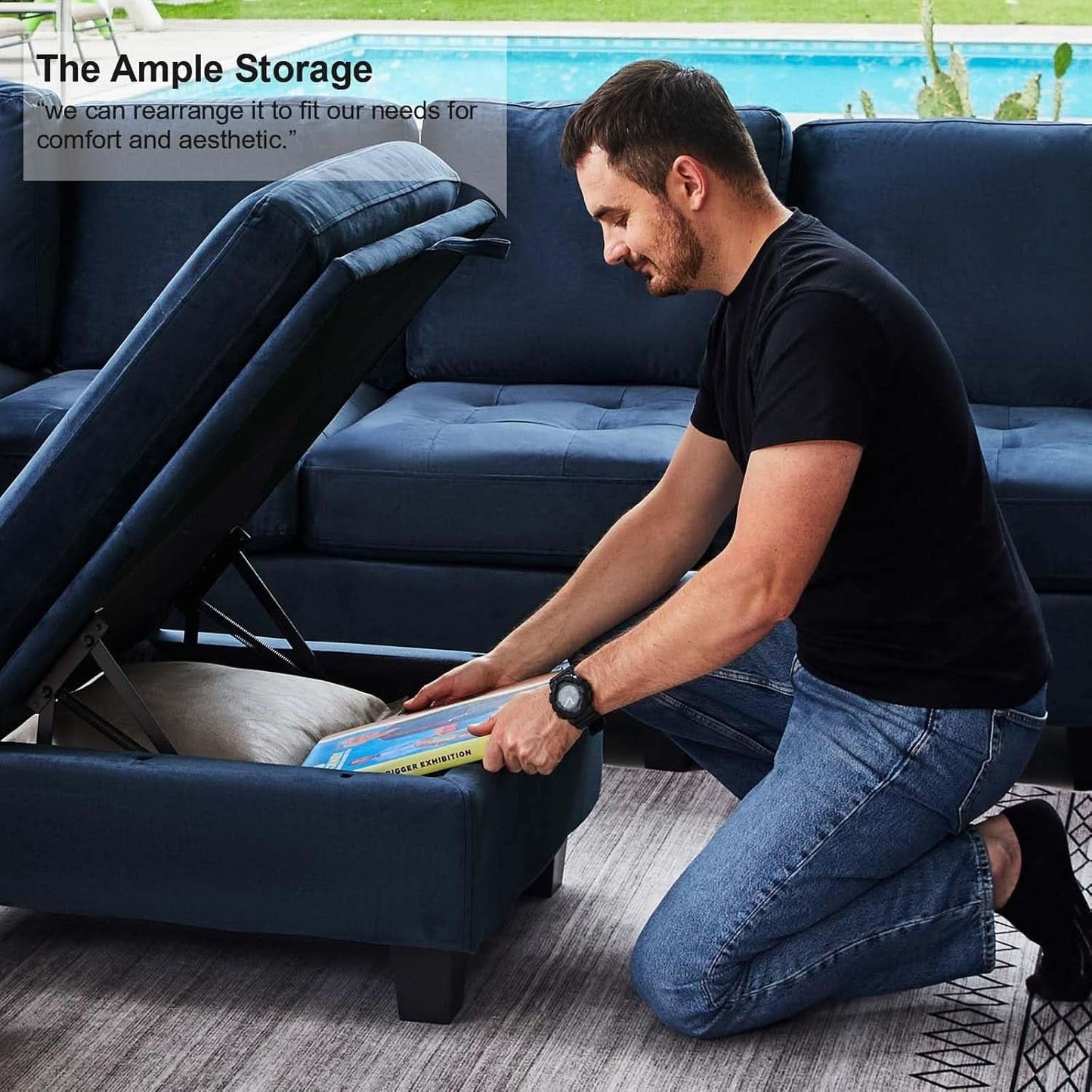 Velvet Modular Sectional Sofa With Storage Sleeper Blue