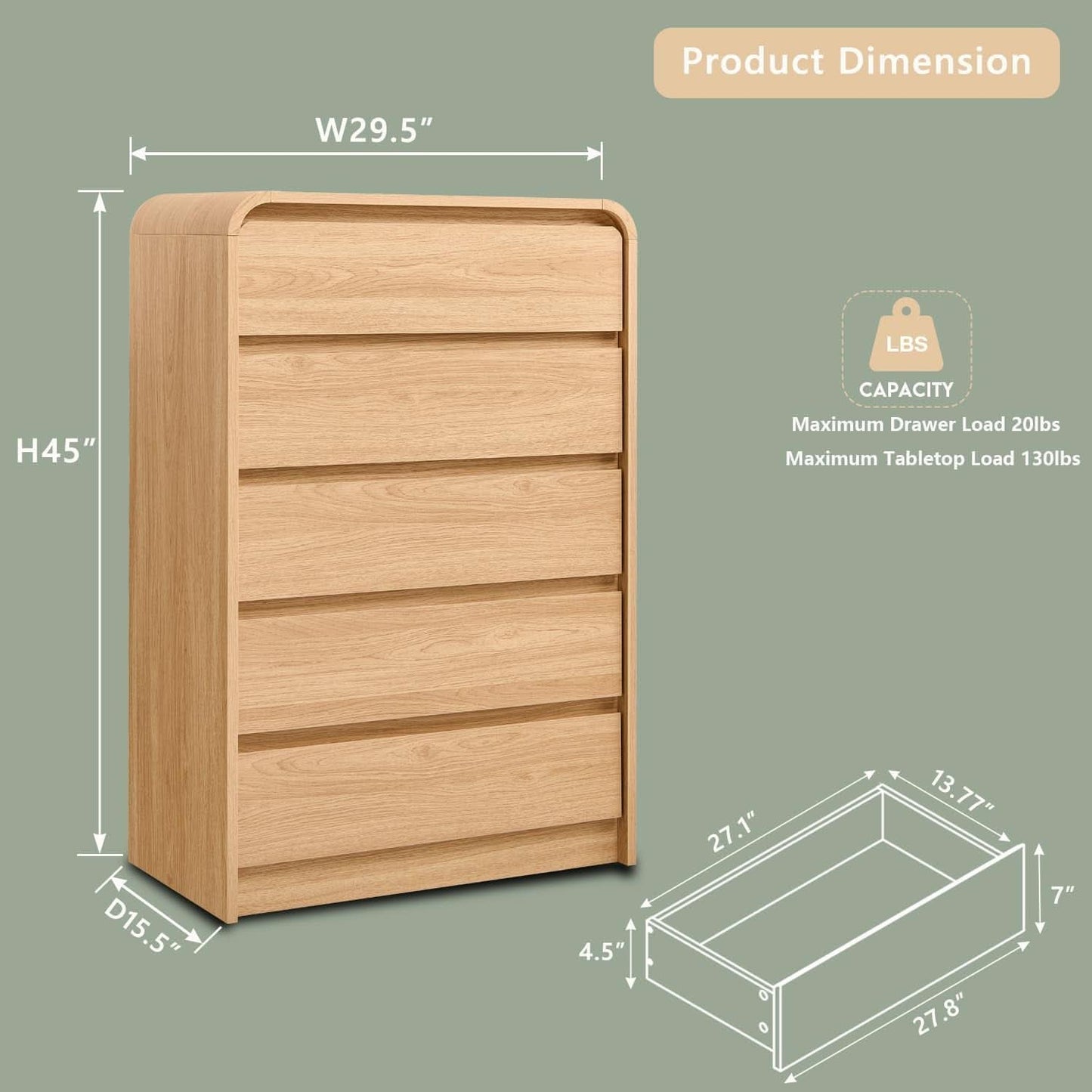 Vertical Dresser With Five Drawers In Natural Oakgrain