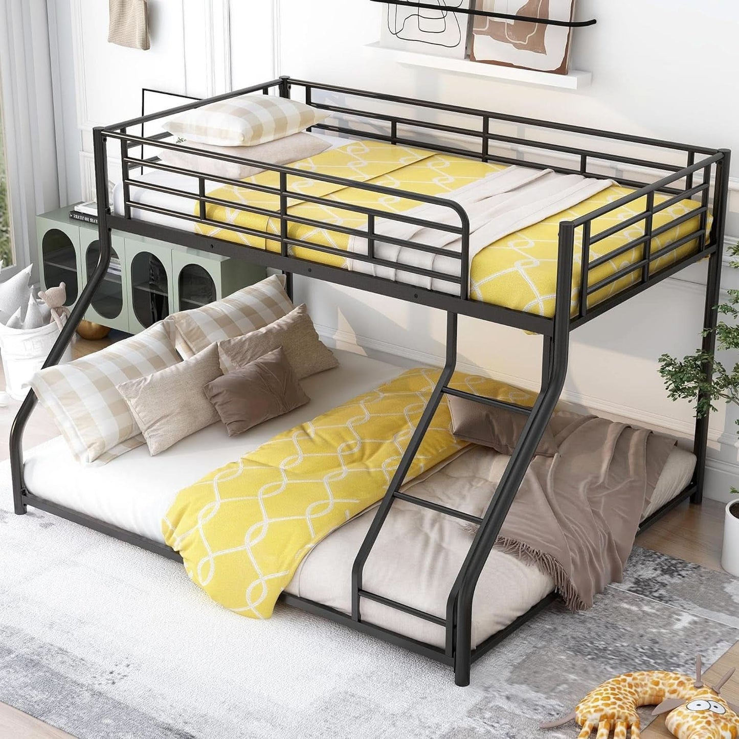 Heavy Duty Twin Over Queen Metal Bunk Bed In Black