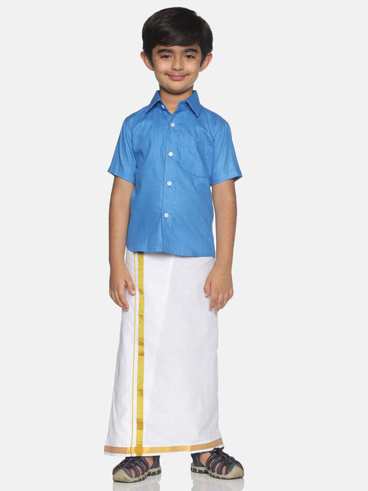 Sethukrishna Blue & White Solid Shirt with Veshti Set For Boys