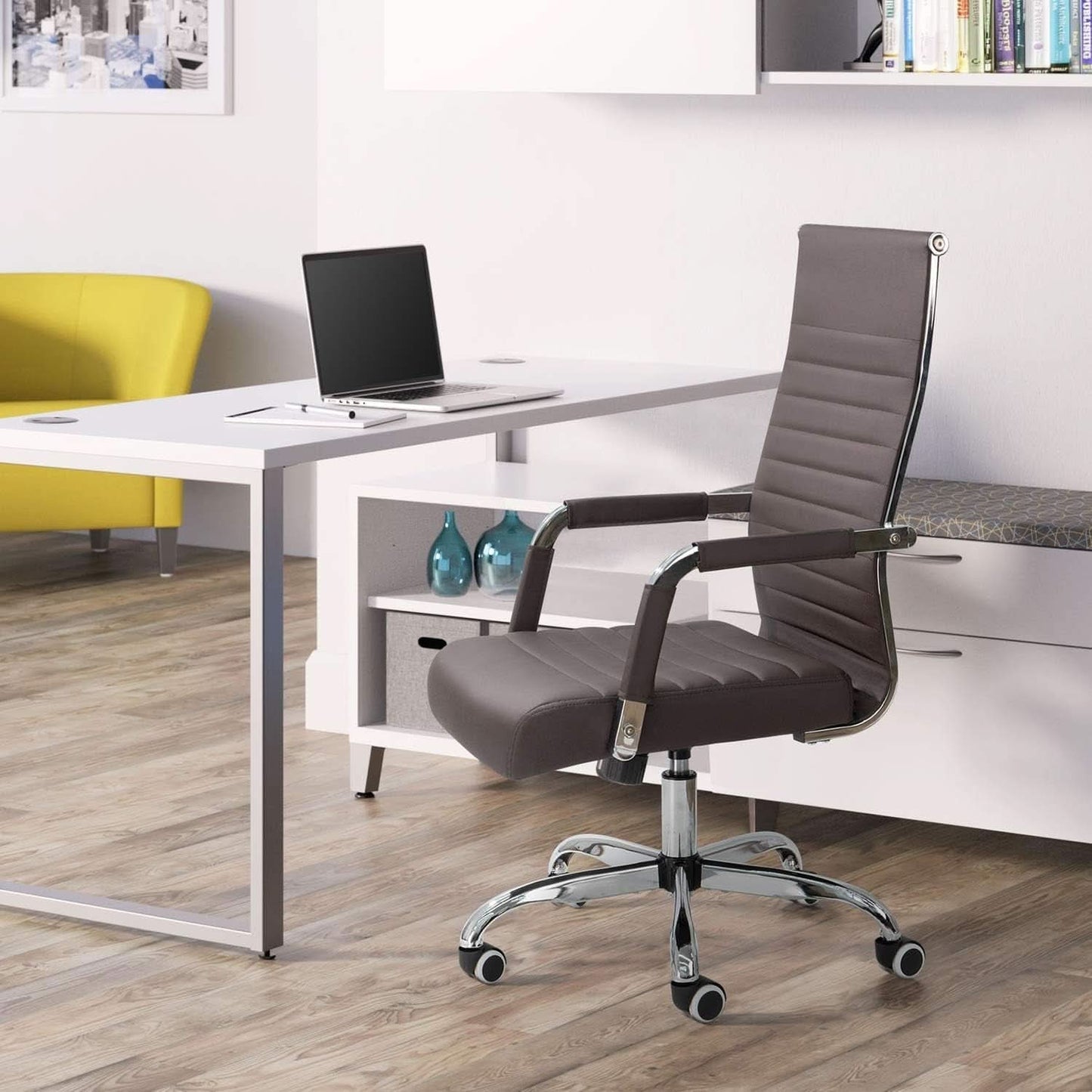 Ribbed PU Leather Office Chair With Arms Brown Adjustable