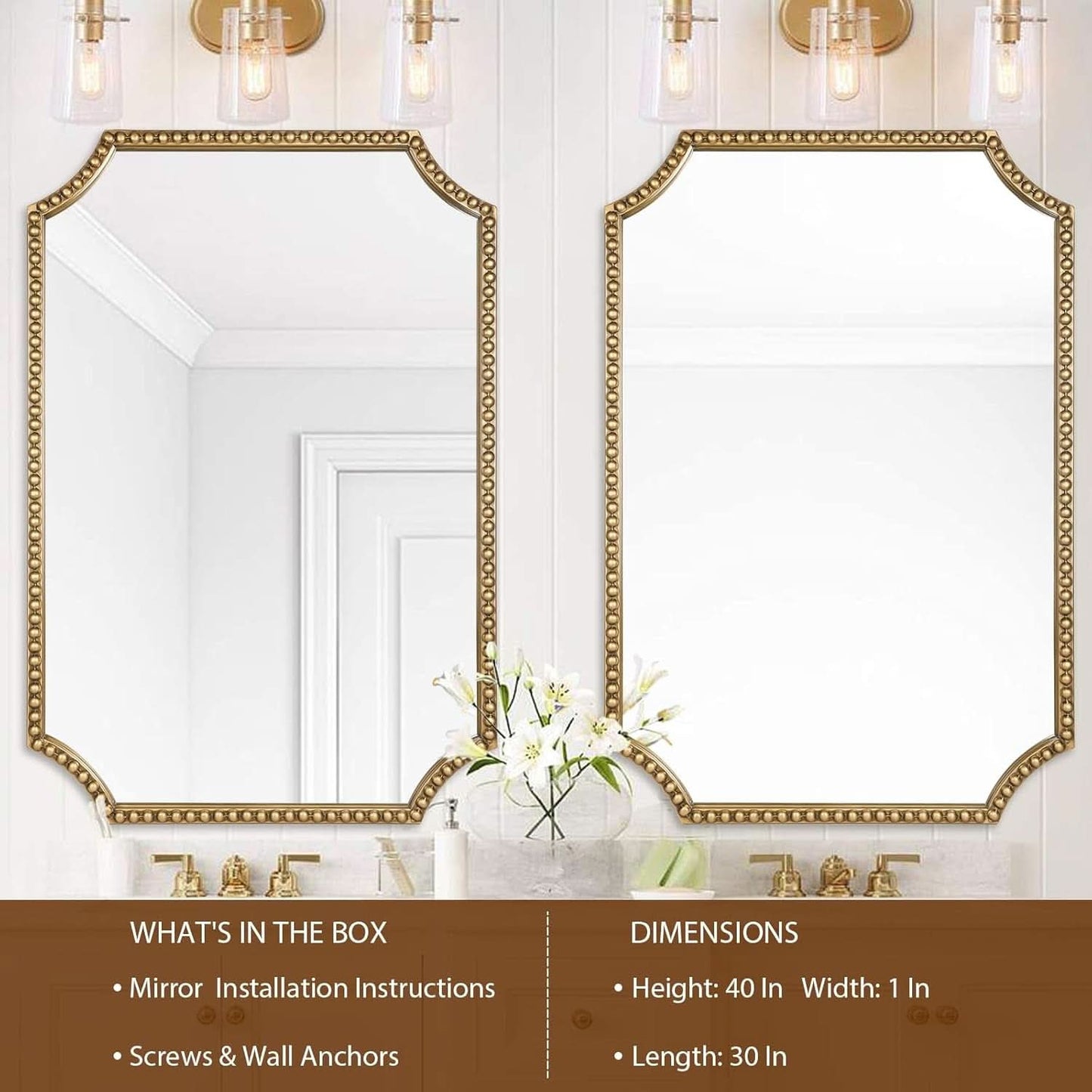 30 X 40 Inch Wall Mirror With Antique Gold Beaded Frame